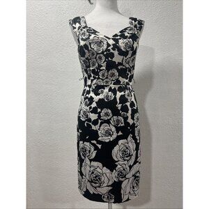 White House Black Market Blk/Wht. Rose Print, Retro Fitted Cocktail Dress
